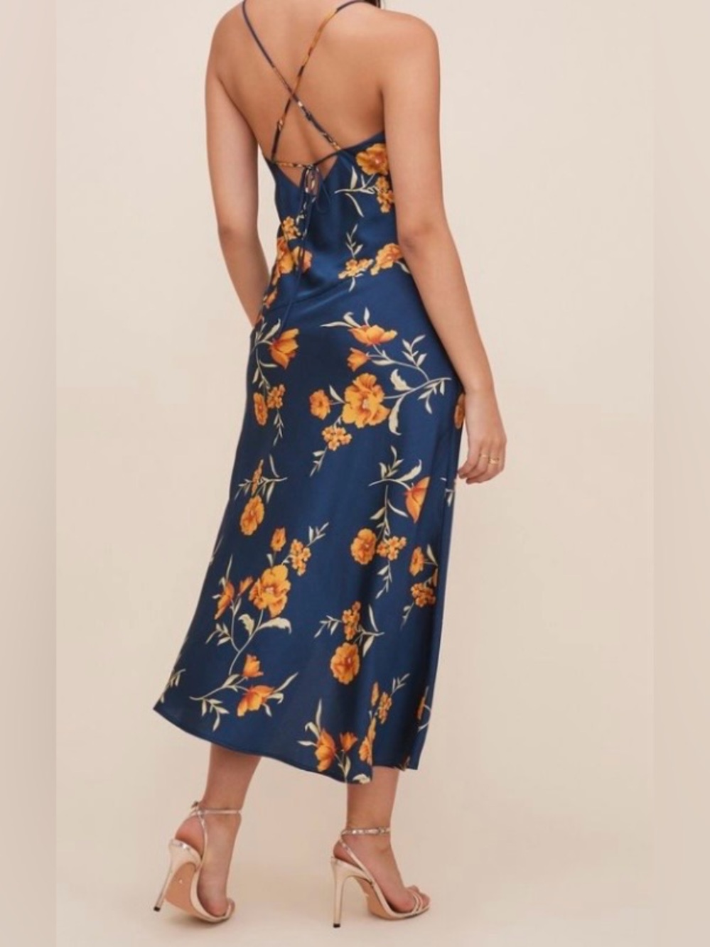Astr Navy Slip Midi Dress with Yellow Floral Motif